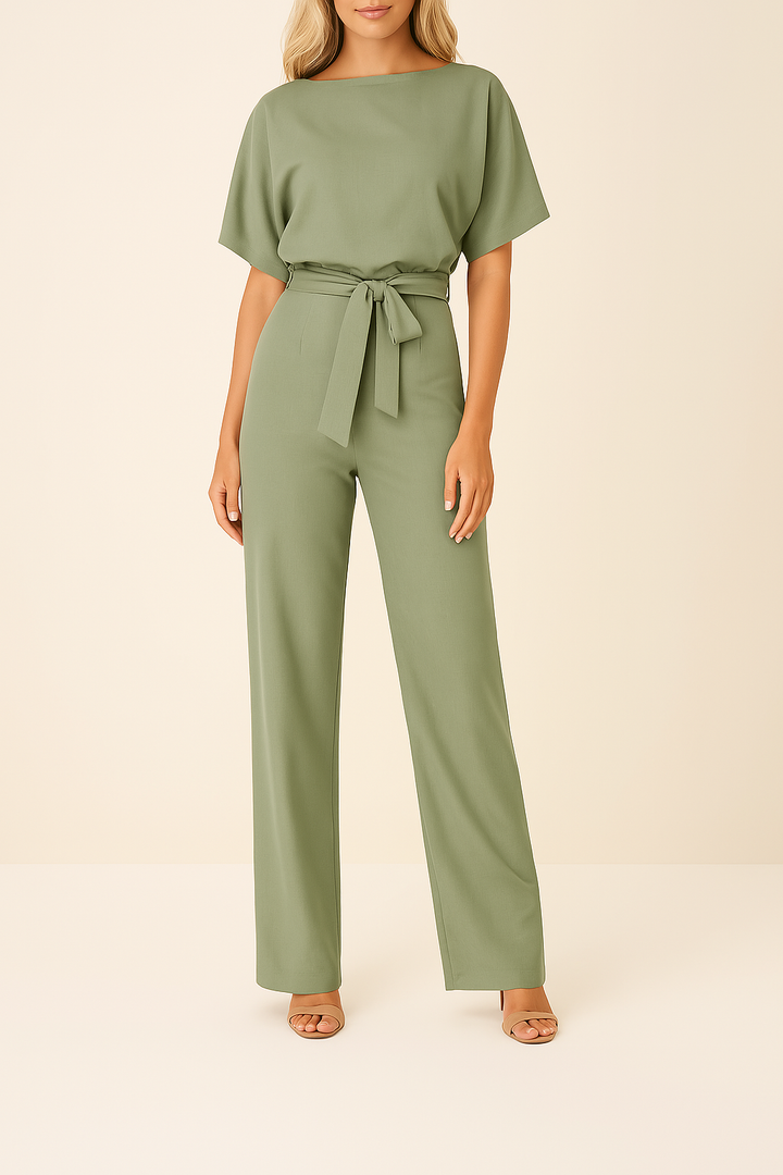 Women's Short Sleeve Jumpsuit with Round Neck and Wide Leg Design