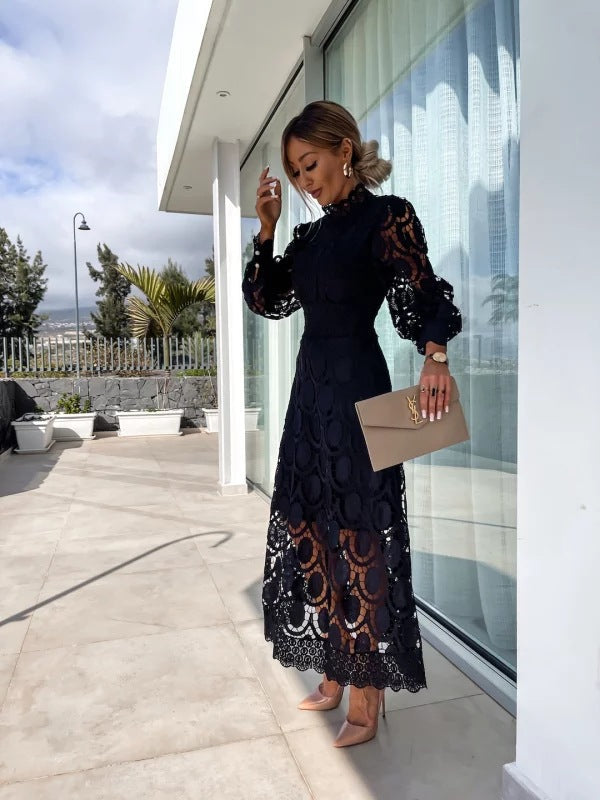 Women's Lace Midi Dress with Long Sleeves and High Neck