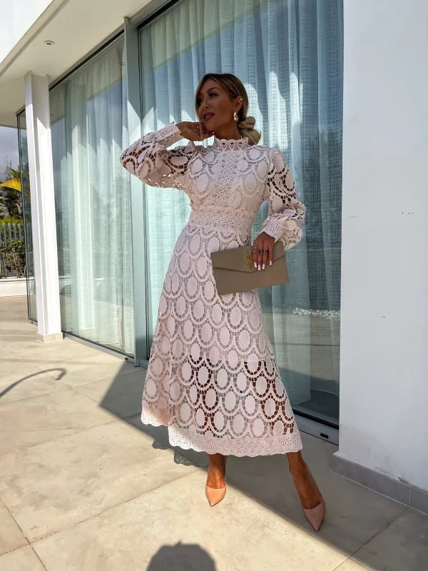Women's Lace Midi Dress with Long Sleeves and High Neck