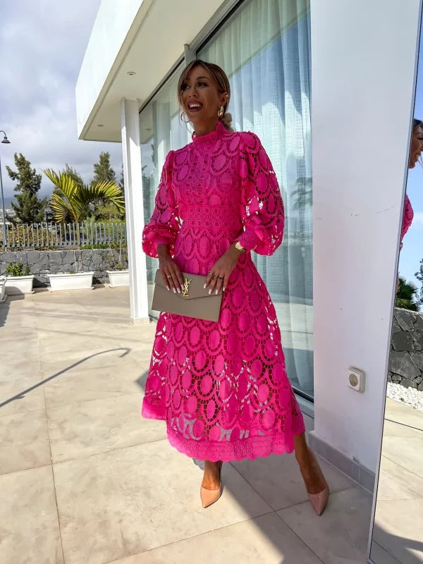 Women's Lace Midi Dress with Long Sleeves and High Neck