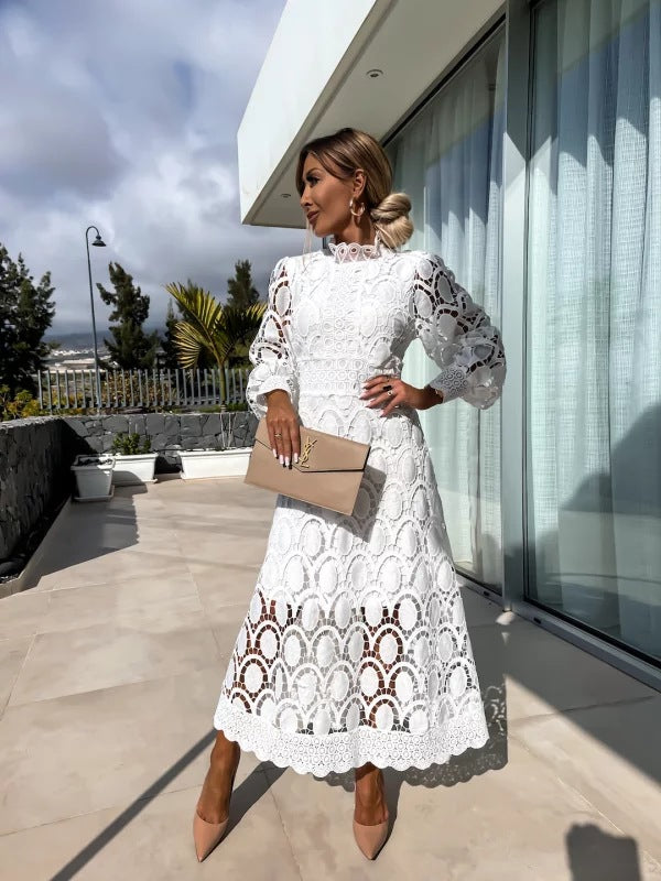 Women's Lace Midi Dress with Long Sleeves and High Neck