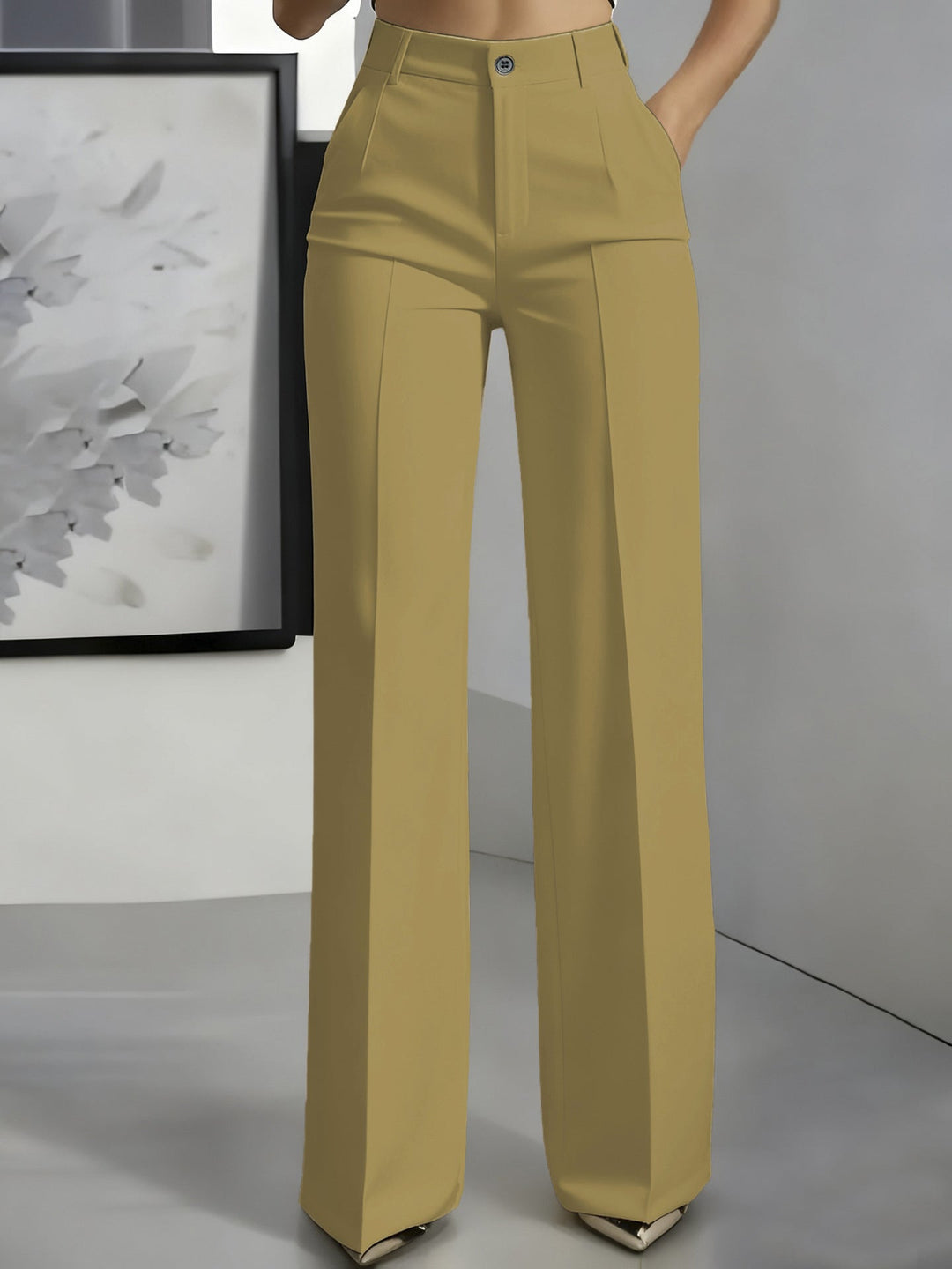 Women's High Waisted Straight Leg Trousers with Pleated Front