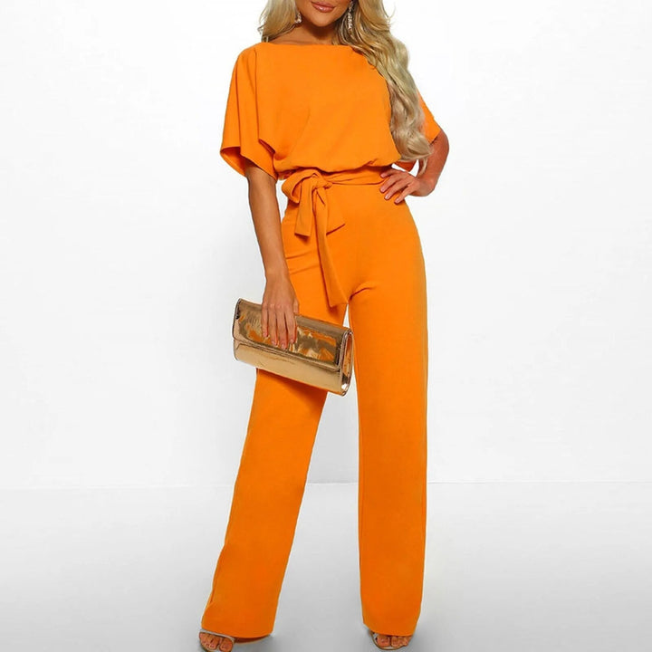 Women's Short Sleeve Jumpsuit with Belted Waist and Wide Leg Design