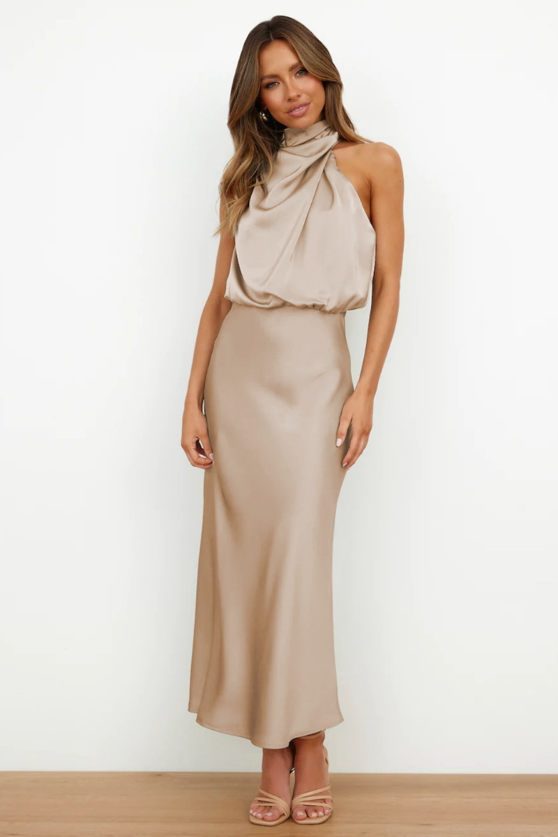 Women's Occasion Midi Dress with Halter Neck and Draped Detail
