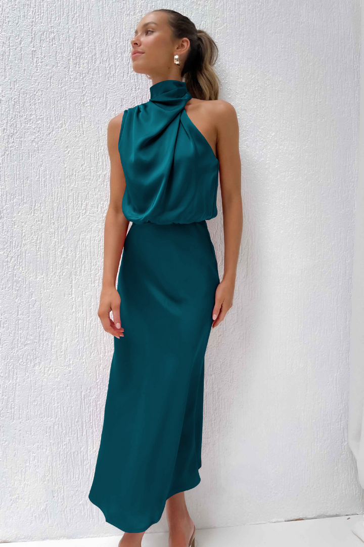 Women's Occasion Midi Dress with Halter Neck and Draped Detail