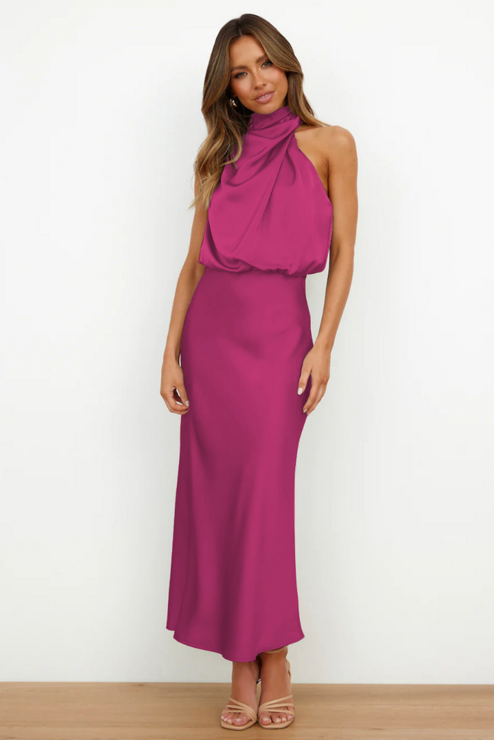 Women's Occasion Midi Dress with Halter Neck and Draped Detail