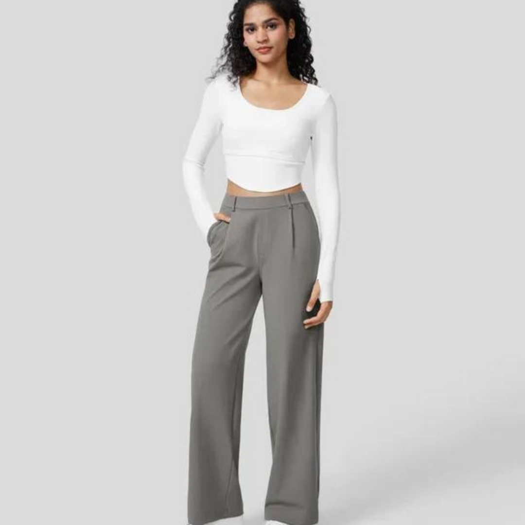 Women's Wide Leg Trousers with High Waist and Pleated Front