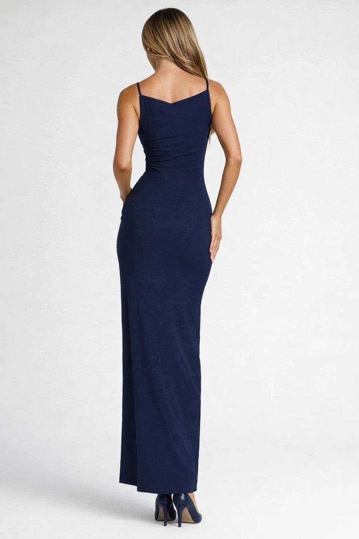 Women's Sleeveless Maxi Dress with High Neck and Thigh Split