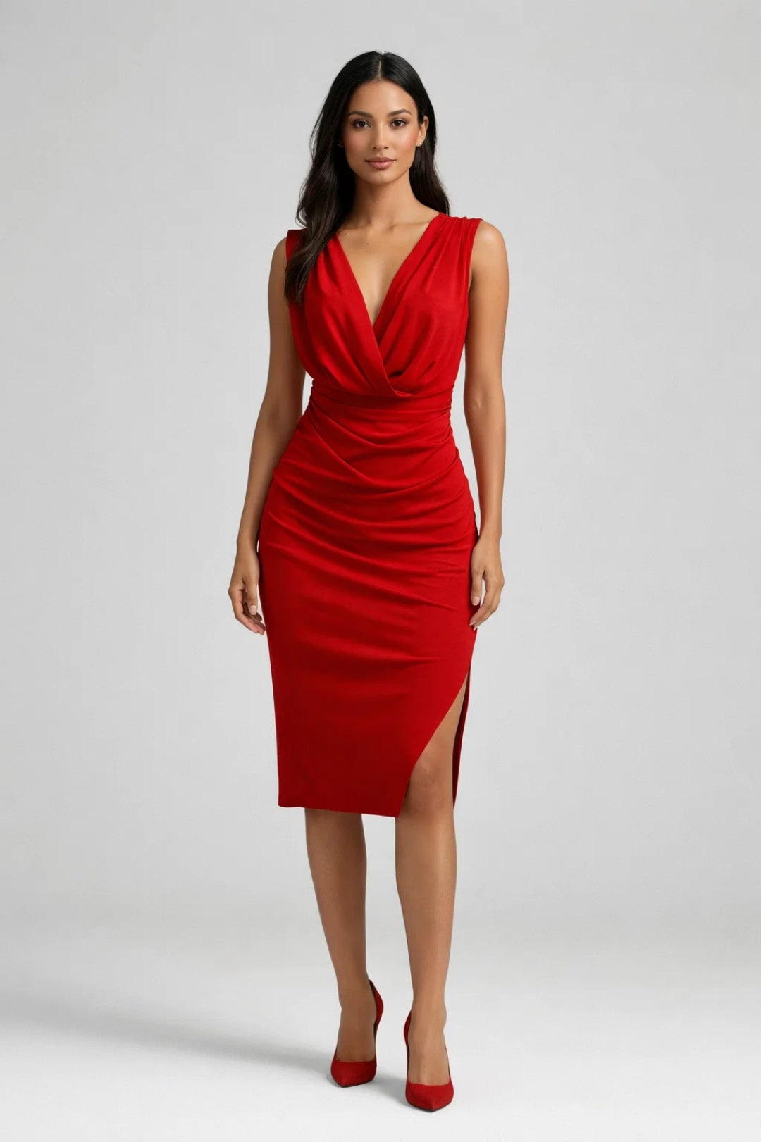 Women's Ruched Midi Dress with V Neck and Side Split