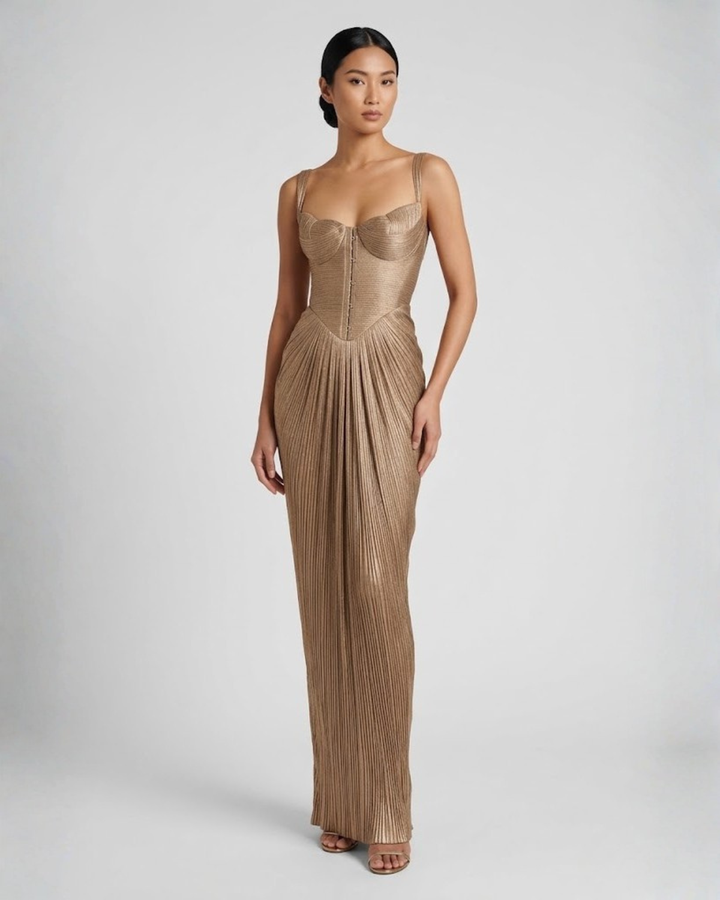 Women's Wedding Guest Maxi Dress with Pleated Bustier and Lace Up Back