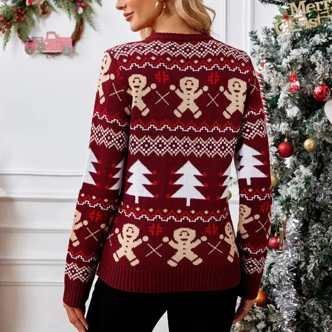 Women's Christmas Knit Jumper with Gingerbread and Christmas Tree Pattern