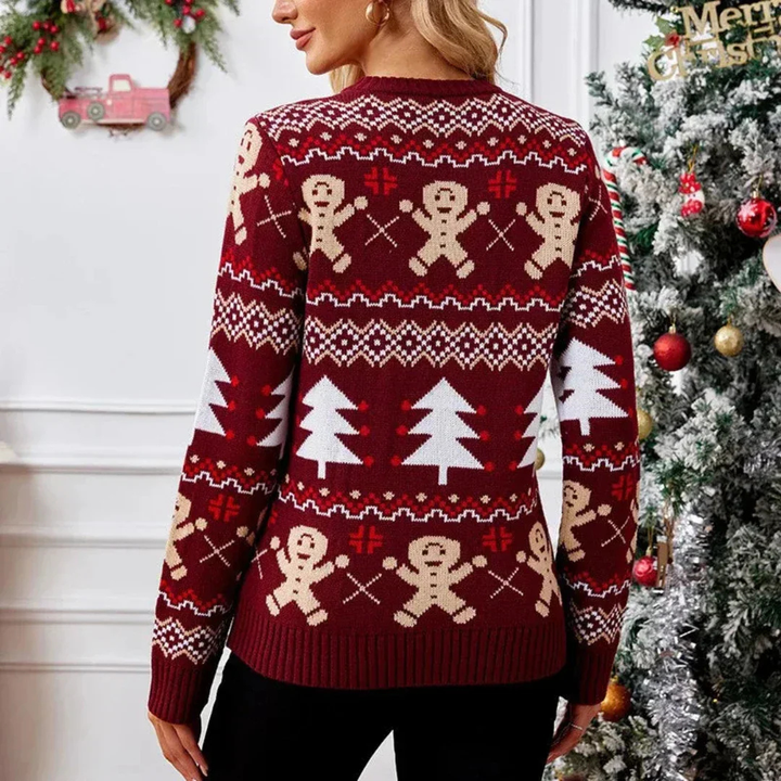 Women's Christmas Knit Jumper with Gingerbread and Christmas Tree Pattern