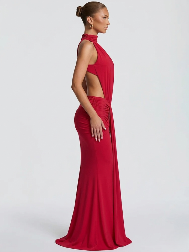 Women's Evening Maxi Dress with Halter Neck and Draped Detail