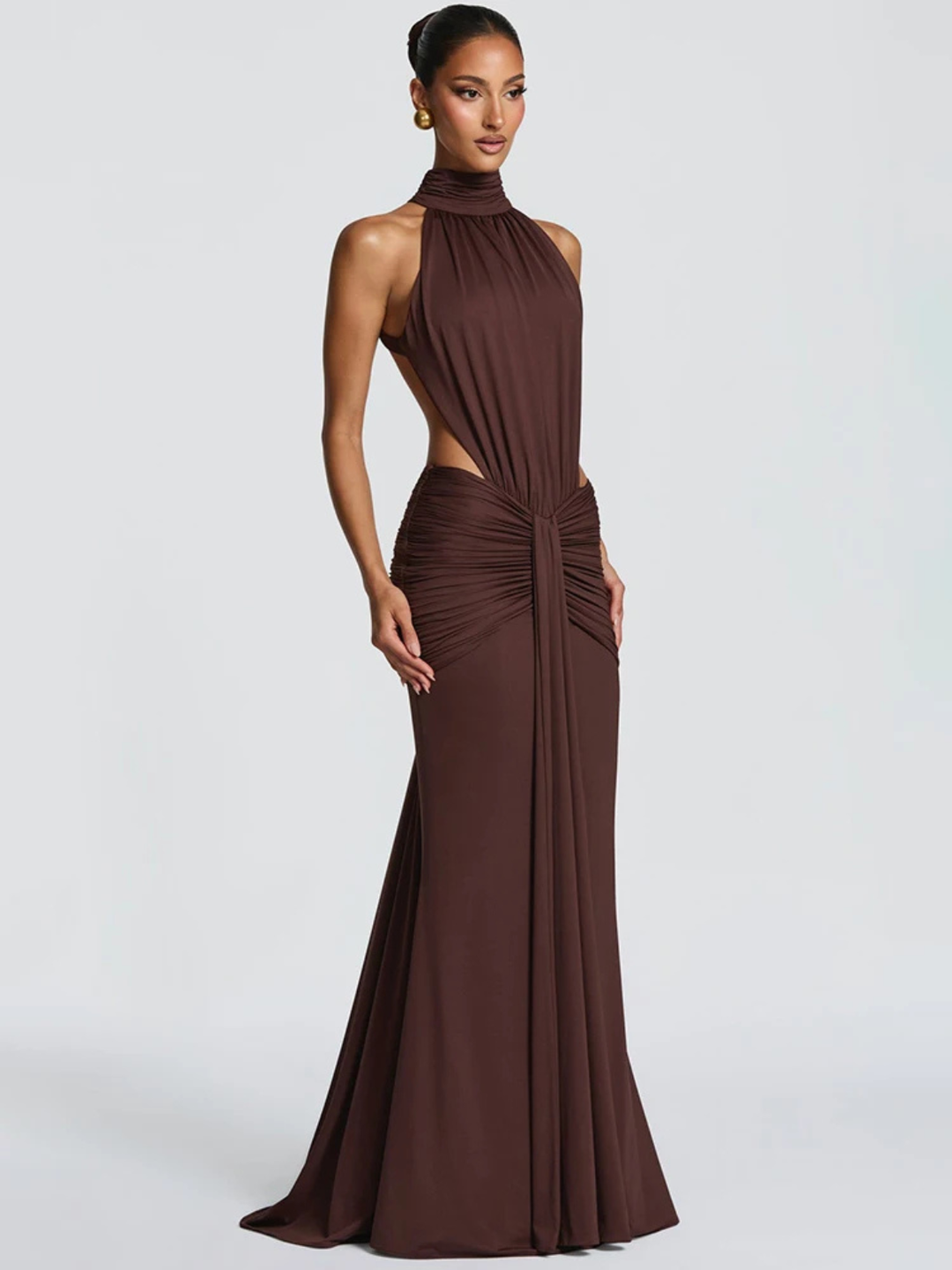 Women's Evening Maxi Dress with Halter Neck and Draped Detail