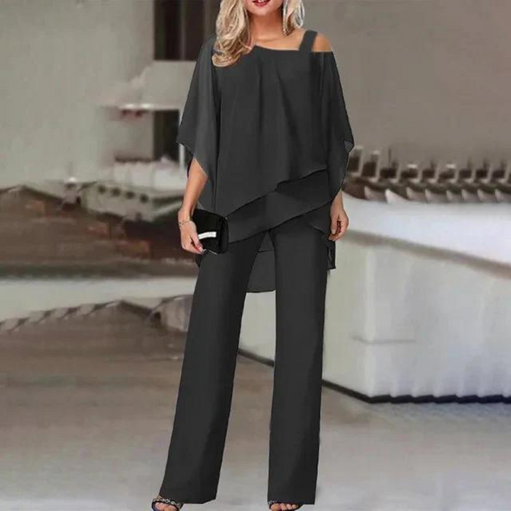 Women's Off Shoulder Co-Ord Set with Layered Top and Wide Leg Trousers