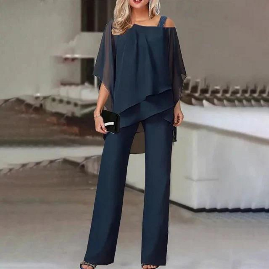 Women's Off Shoulder Co-Ord Set with Layered Top and Wide Leg Trousers