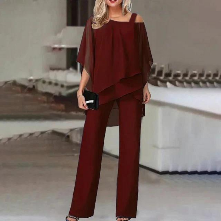 Women's Off Shoulder Co-Ord Set with Layered Top and Wide Leg Trousers