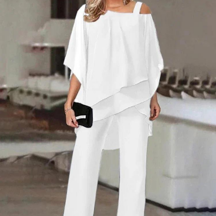 Women's Off Shoulder Co-Ord Set with Layered Top and Wide Leg Trousers