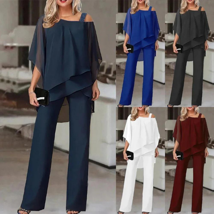 Women's Off Shoulder Co-Ord Set with Layered Top and Wide Leg Trousers