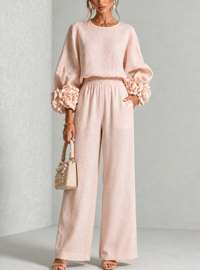 Women's Co-Ord Set with Balloon Sleeve Top and Wide Leg Trousers
