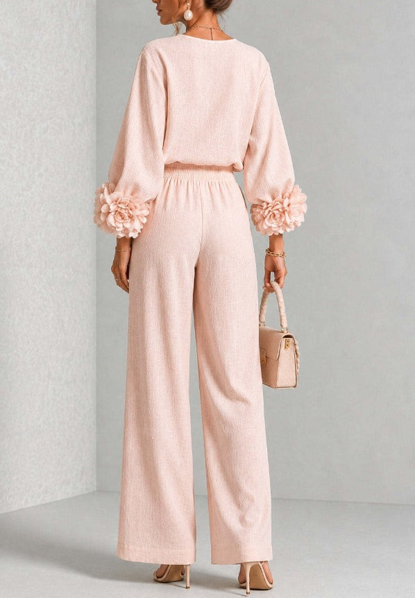 Women's Co-Ord Set with Balloon Sleeve Top and Wide Leg Trousers