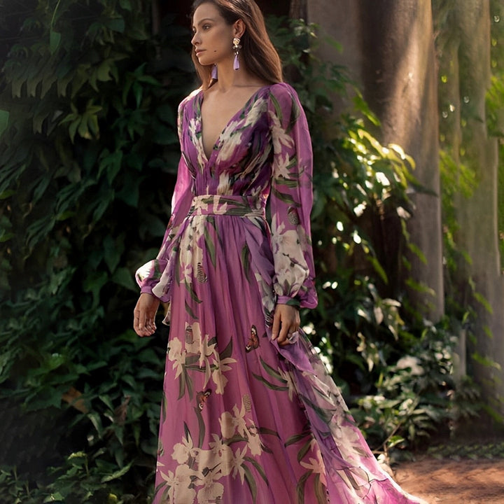 Women's Wedding Guest Maxi Dress with Floral Print and Long Sleeves