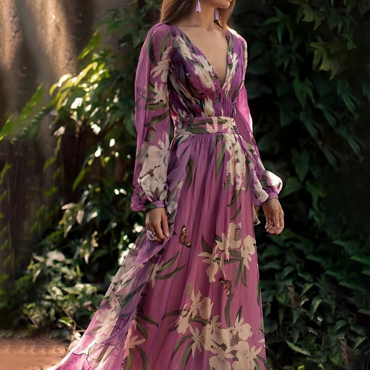 Women's Wedding Guest Maxi Dress with Floral Print and Long Sleeves