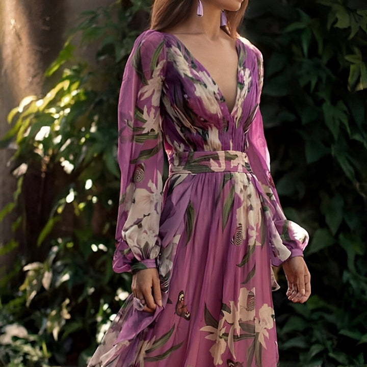 Women's Wedding Guest Maxi Dress with Floral Print and Long Sleeves