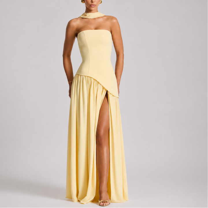 Women's Wedding Guest Maxi Dress with Open Back and Scarf Detail