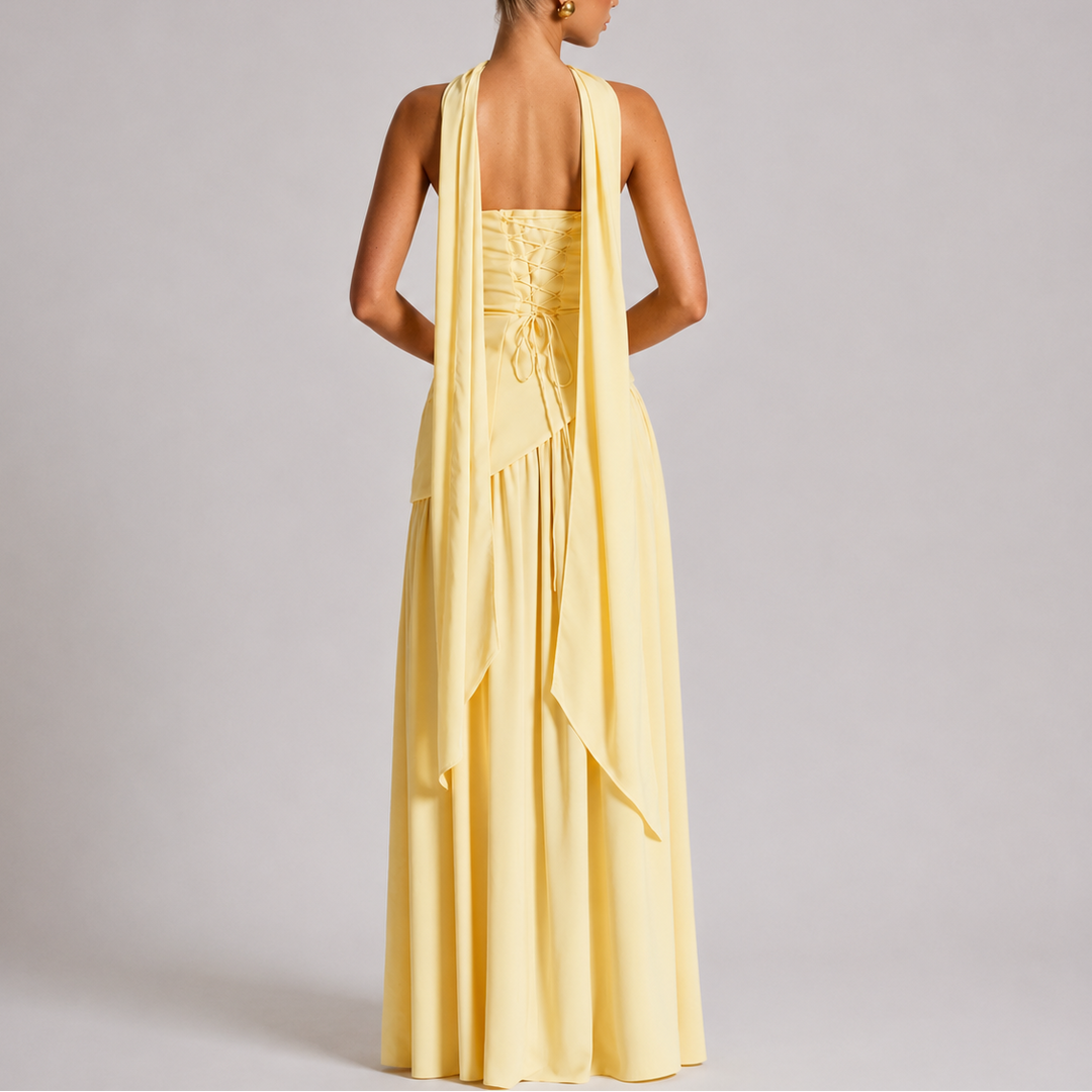 Women's Wedding Guest Maxi Dress with Open Back and Scarf Detail