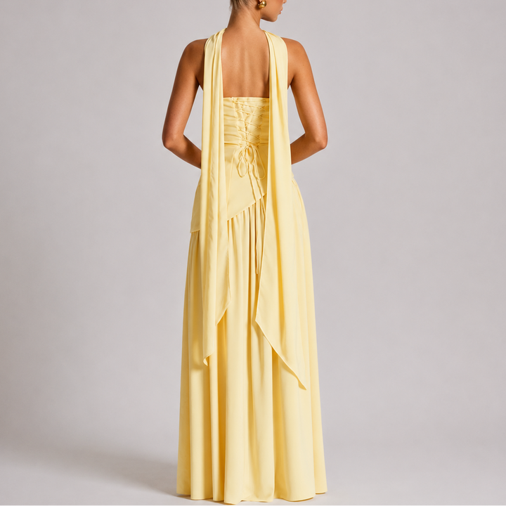 Women's Wedding Guest Maxi Dress with Open Back and Scarf Detail