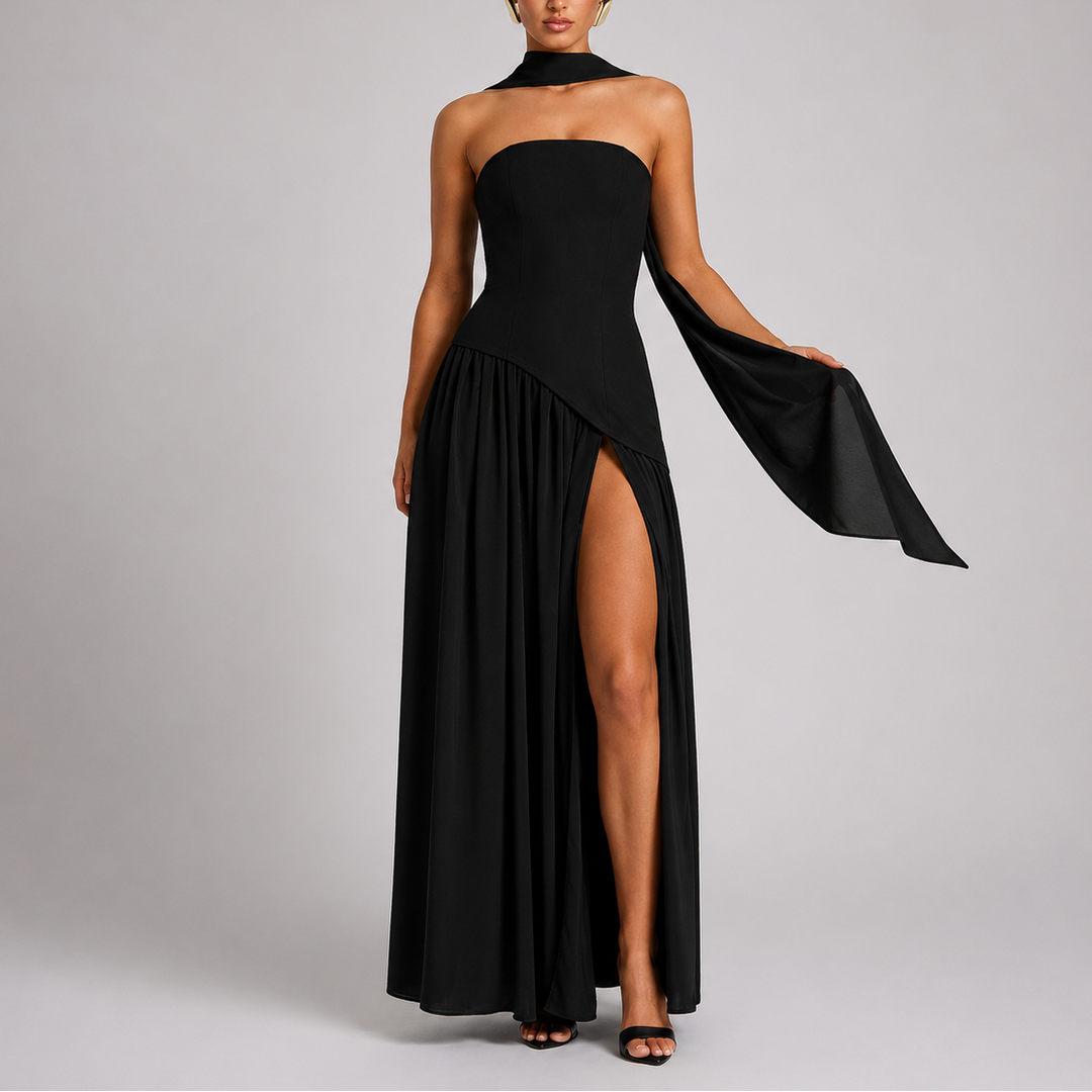 Women's Wedding Guest Maxi Dress with Open Back and Scarf Detail