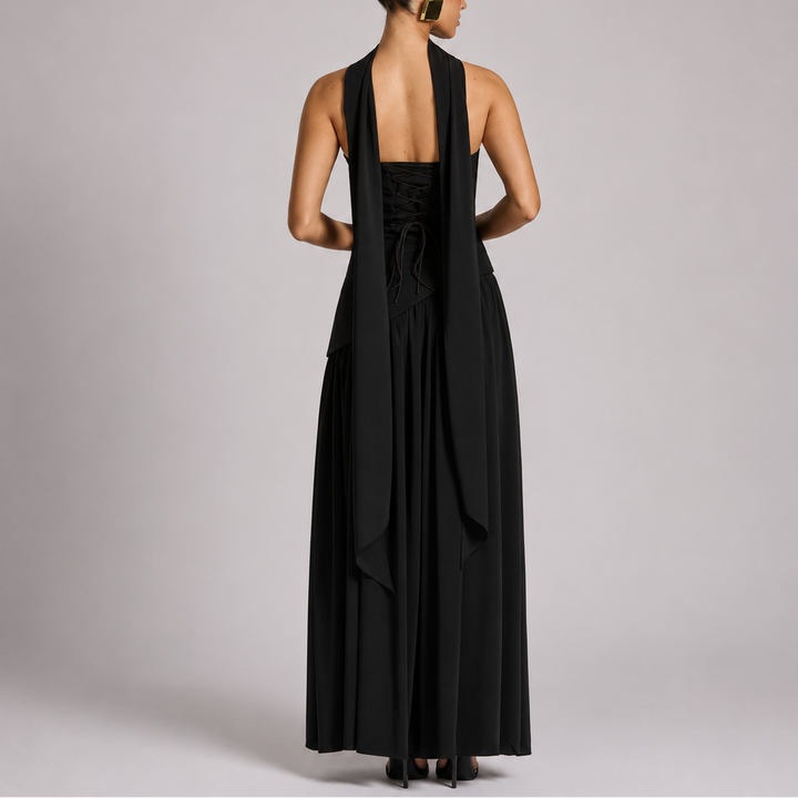 Women's Wedding Guest Maxi Dress with Open Back and Scarf Detail