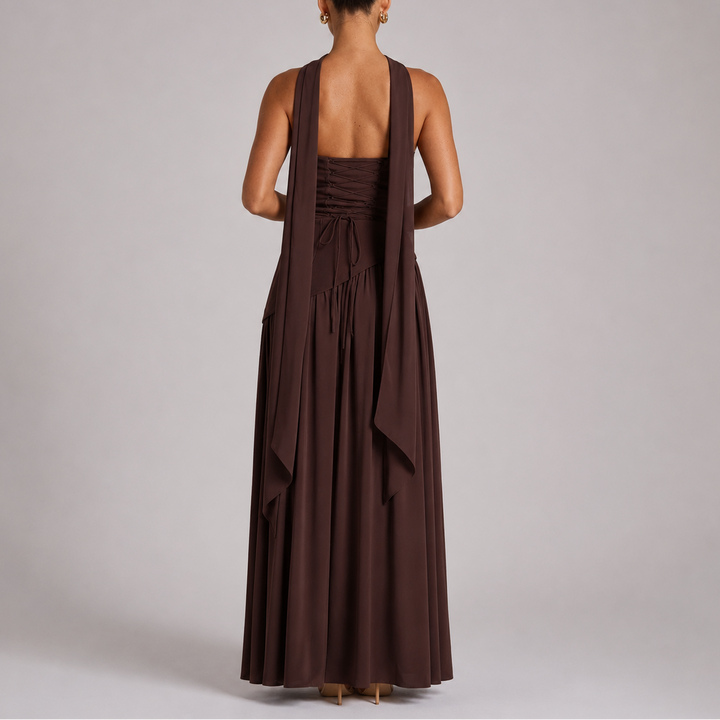 Women's Wedding Guest Maxi Dress with Open Back and Scarf Detail