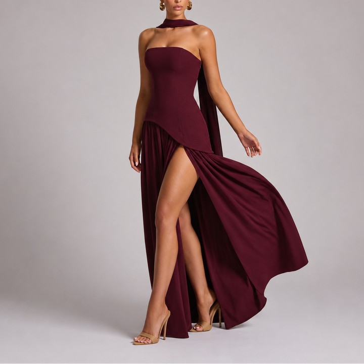 Women's Wedding Guest Maxi Dress with Open Back and Scarf Detail