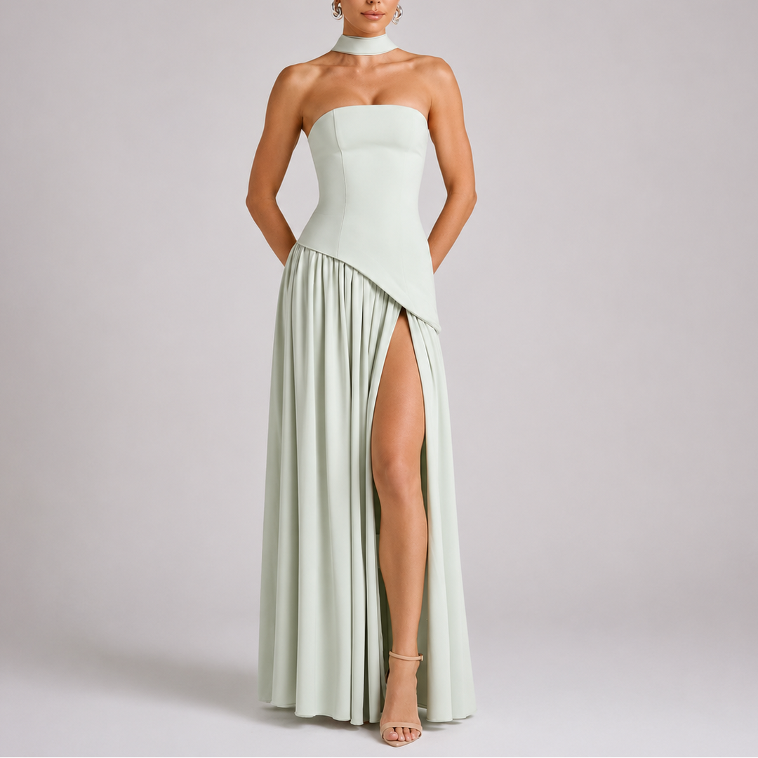 Women's Wedding Guest Maxi Dress with Open Back and Scarf Detail