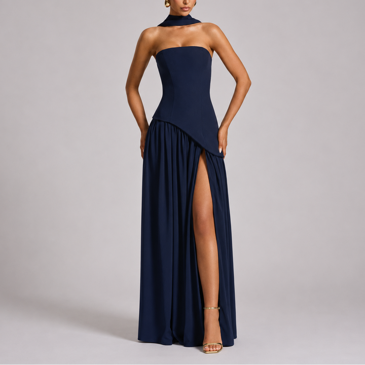 Women's Wedding Guest Maxi Dress with Open Back and Scarf Detail