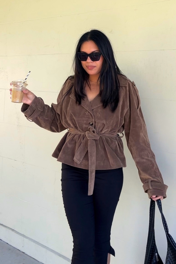 Women's Belted Suede Jacket with Notch Lapels and Relaxed Fit