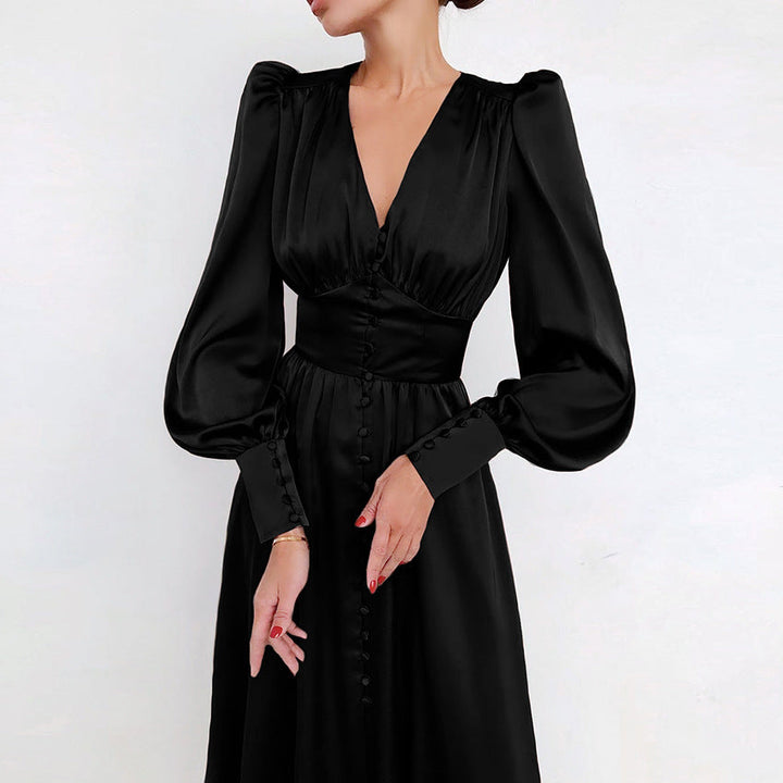 Women's Ruched Midi Dress with V Neck and Balloon Sleeves