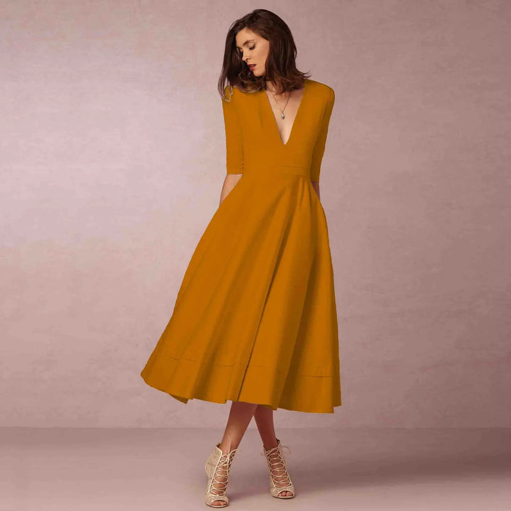 Women's Wedding Guest Midi Dress with V Neck and Fit and Flare Skirt