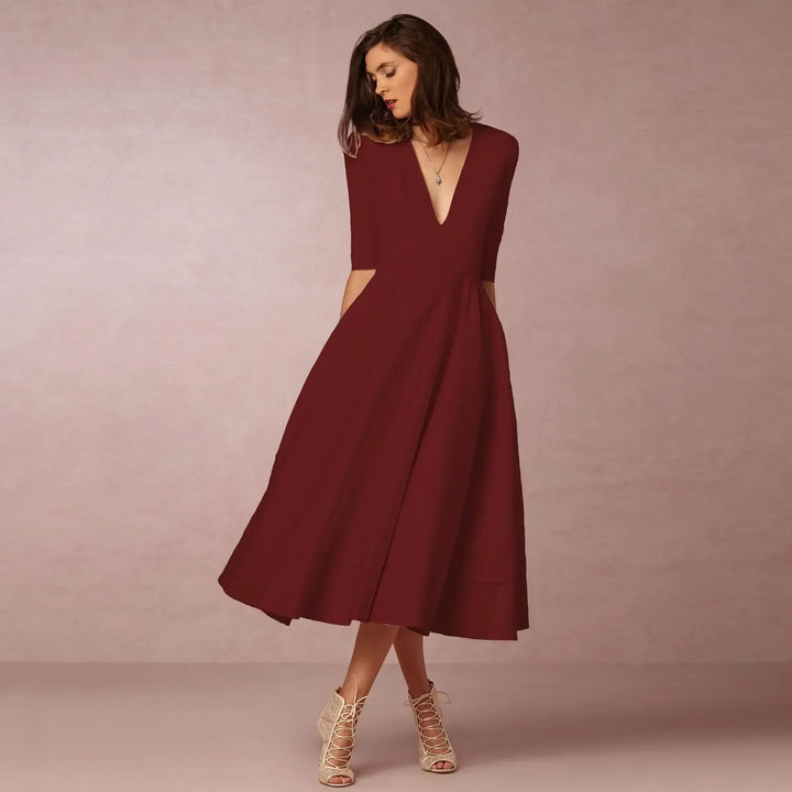 Women's Wedding Guest Midi Dress with V Neck and Fit and Flare Skirt