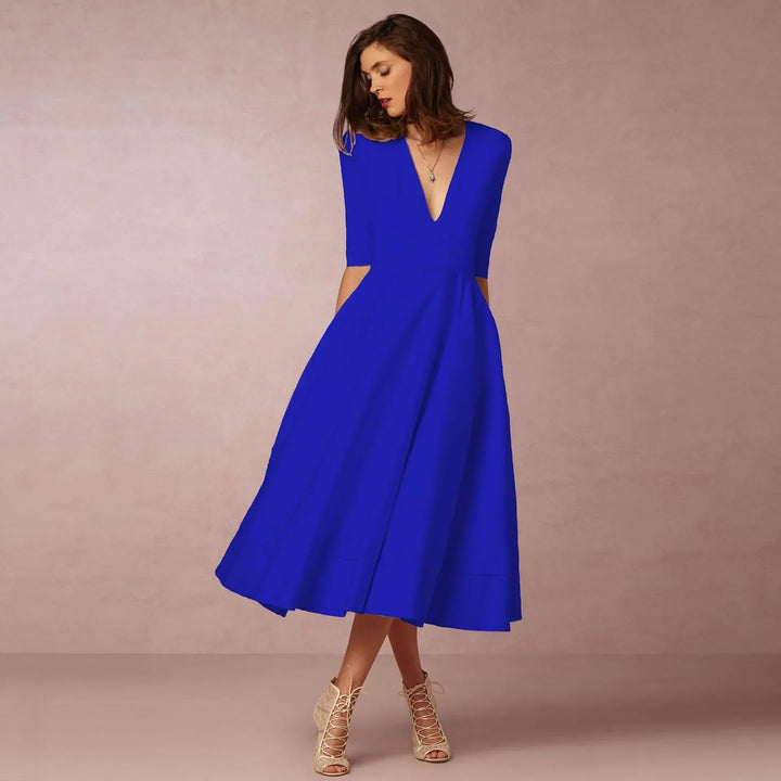 Women's Wedding Guest Midi Dress with V Neck and Fit and Flare Skirt