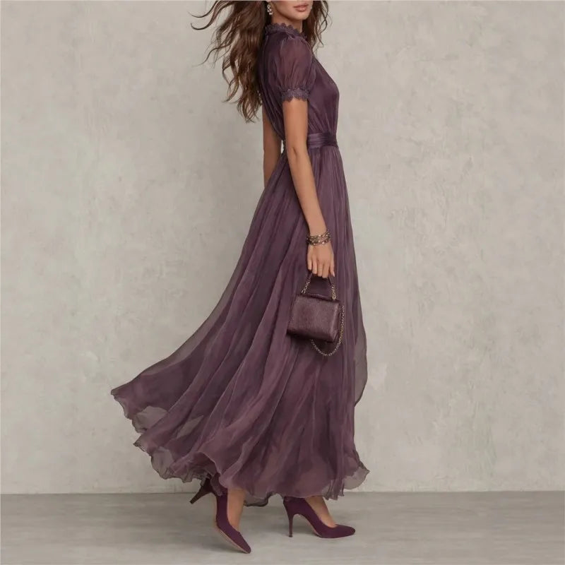 Women's Wedding Guest Pleated Maxi Dress with High Neck
