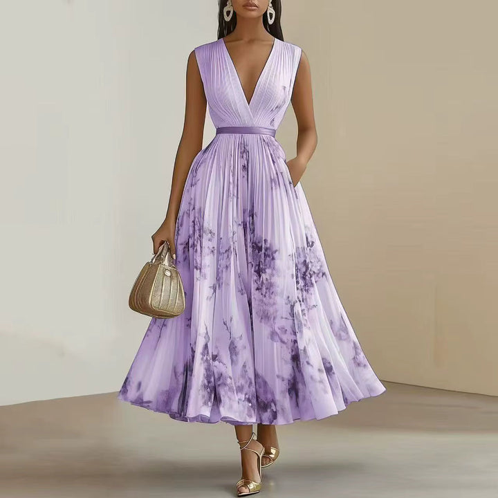 Women's Floral Midi Dress with V Neck and Long Sleeves