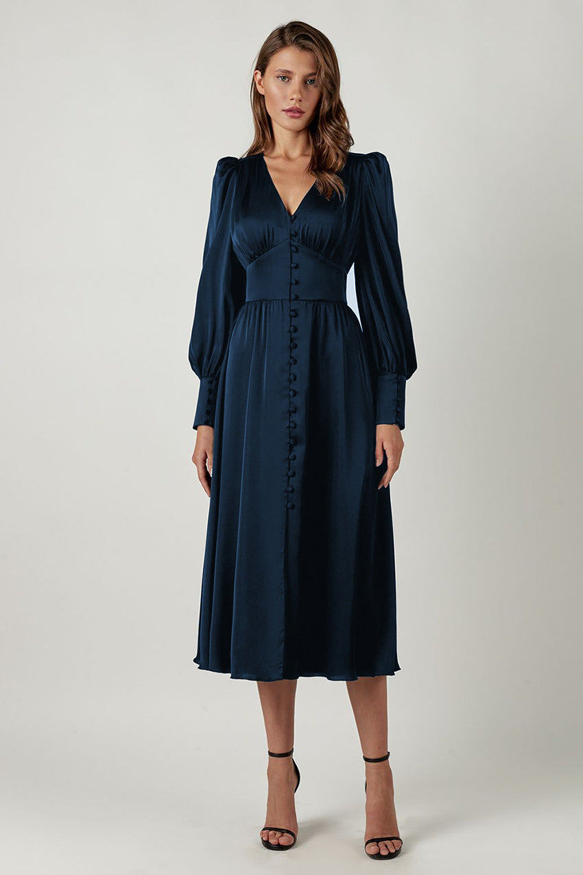 Women's Ruched Midi Dress with V Neck and Balloon Sleeves