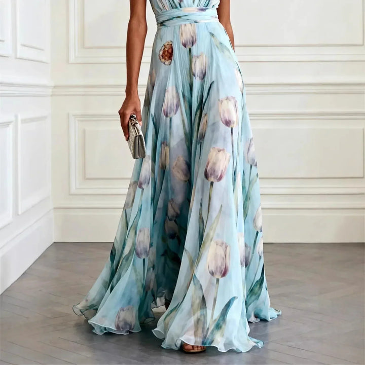 Women's Wedding Guest Floral Maxi Dress with V Neck and Sleeveless Design
