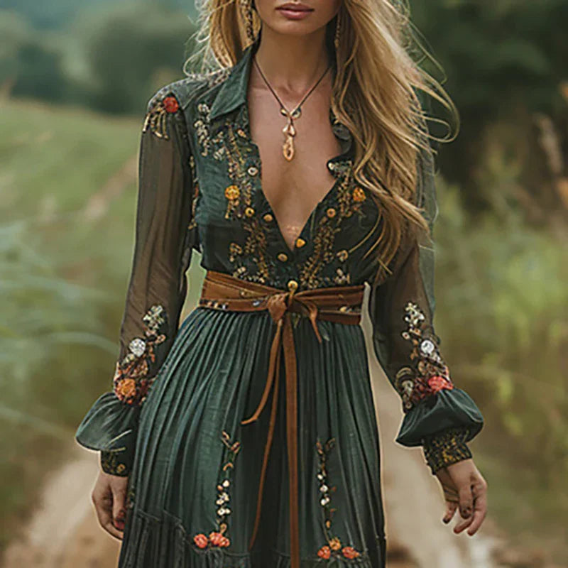 Women's Boho Floral Maxi Dress with V Neck and Long Sleeves