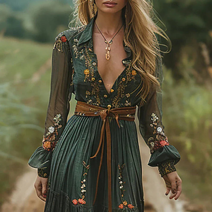 Women's Boho Floral Maxi Dress with V Neck and Long Sleeves