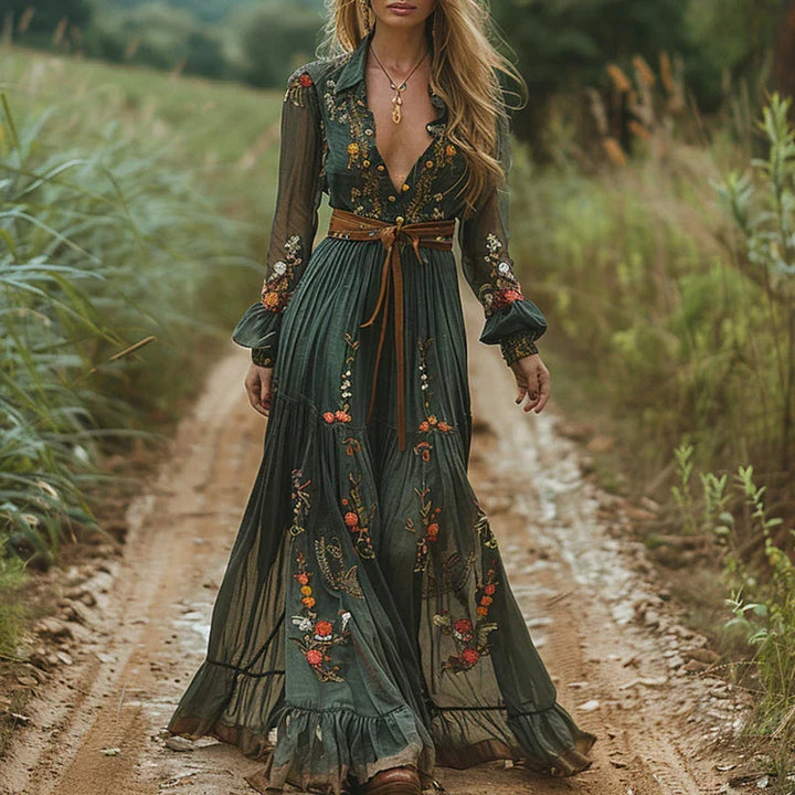 Women's Boho Floral Maxi Dress with V Neck and Long Sleeves