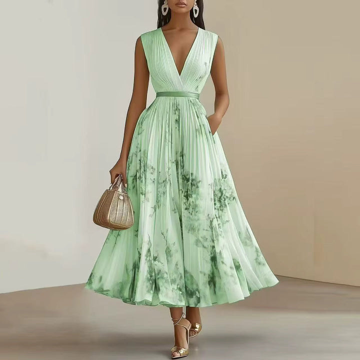 Women's Floral Midi Dress with V Neck and Long Sleeves